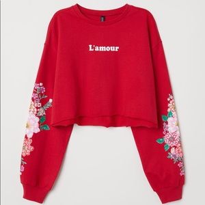 Red Floral Crop Top with Long Sleeves